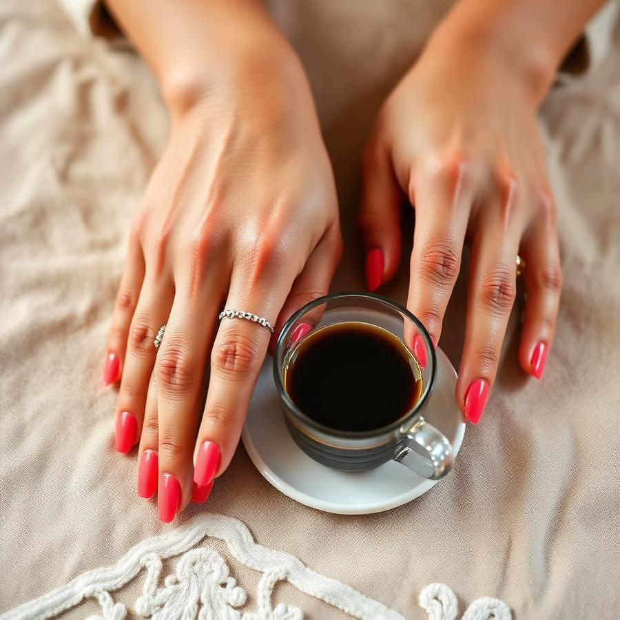 Fresh coral manicure with morning coffee
