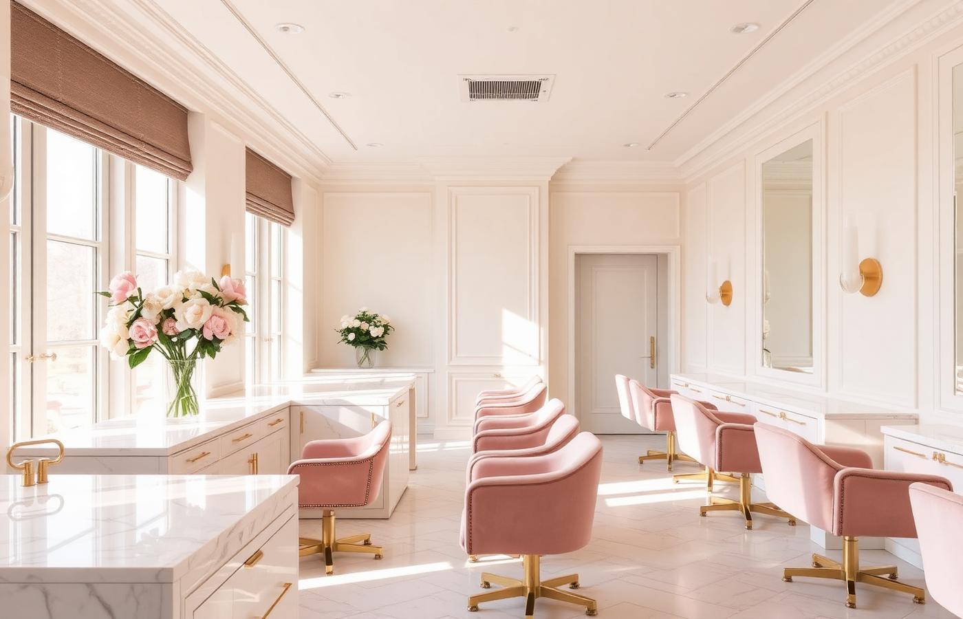 Interior of Wi Nail & Spa — cream marble and blush velvet
